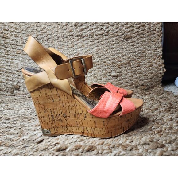 Sam Edelman Women's Pink Snake Skin Cork High Wedge Sandals Shoes Size 10M - Picture 5 of 12